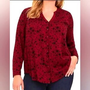 Torrid Deep Red Buttondown Blouse with Black Stars, Size 0, Large or 12
